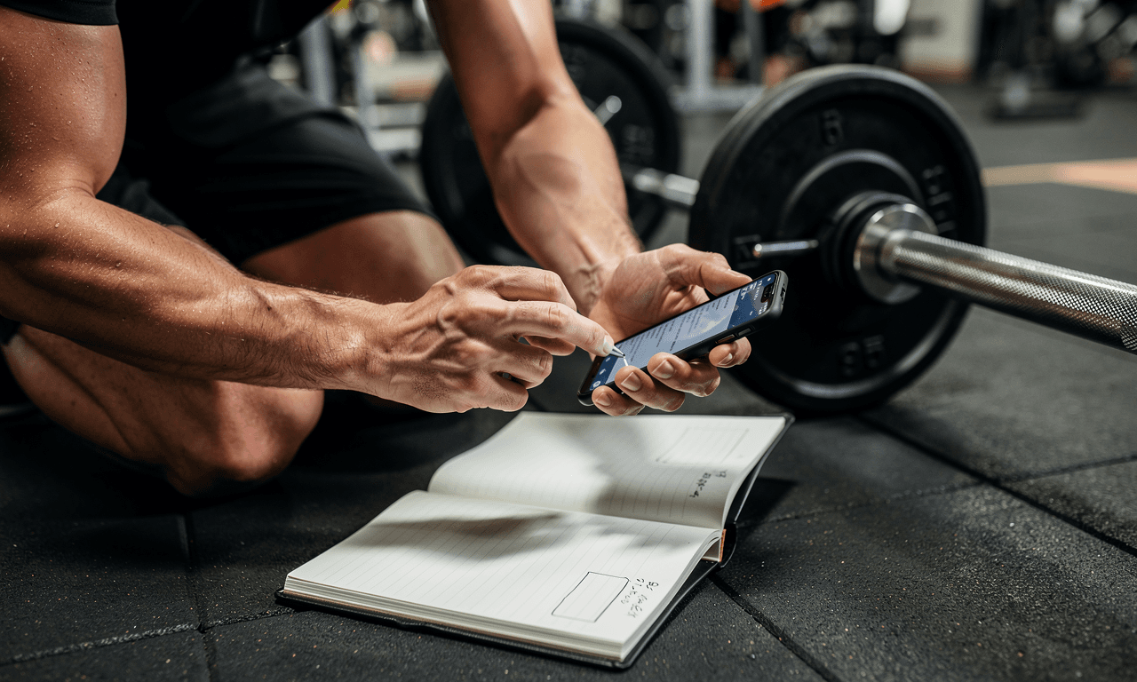 Athlete logging workout data on a phone beside gym equipment.