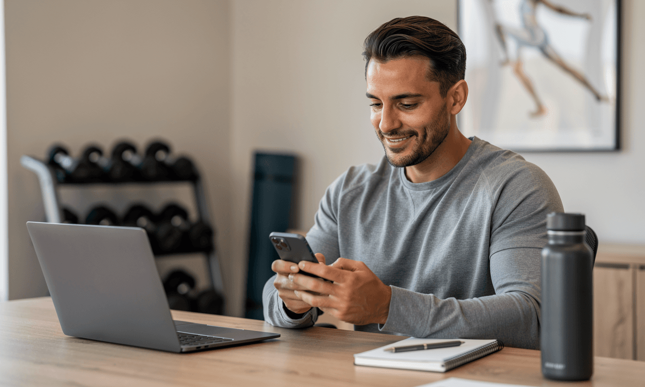 Coach sending a client message from a desk in a professional workspace.