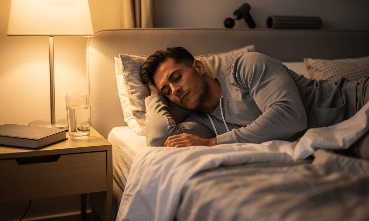 Athlete winding down for sleep in a softly lit room.