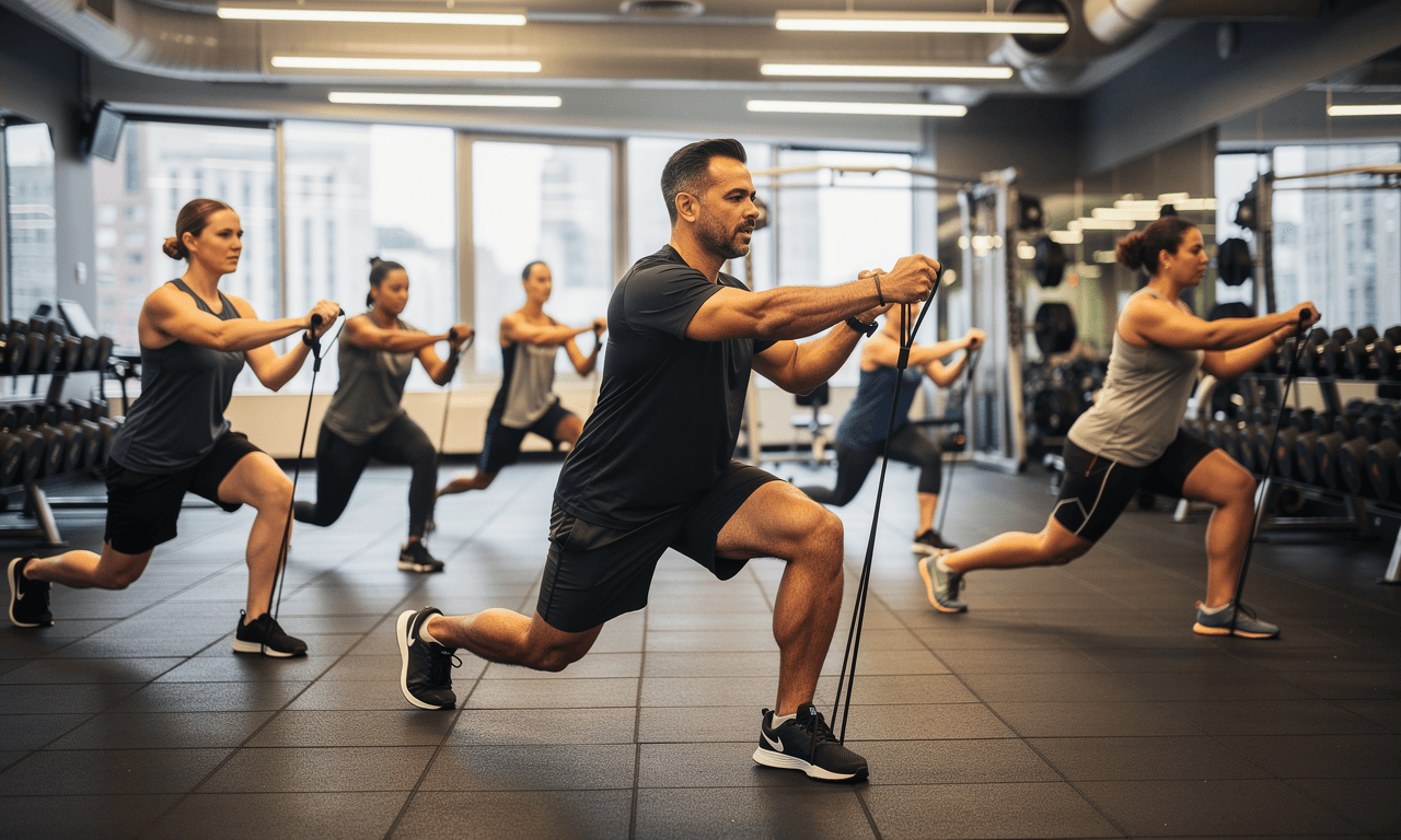 Coach leading a dynamic warm-up with resistance bands in a gym.